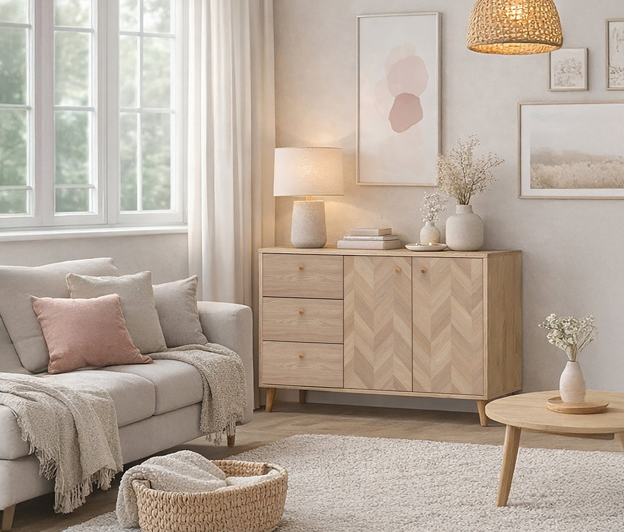 Wohnzimmer mit beigem Sofa, Holztisch und Kommode unter Wandkunst.