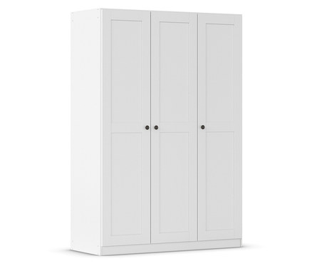 Weißer Kleiderschrank mit drei Türen und schwarzen runden Griffen.