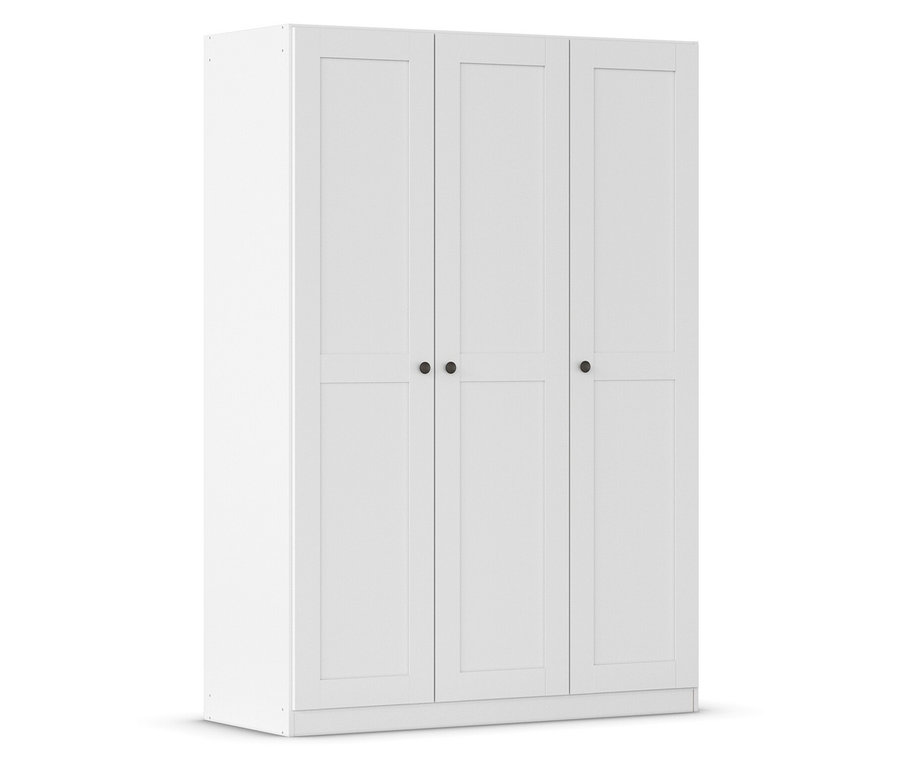 Weißer Kleiderschrank mit drei Türen und schwarzen runden Griffen.