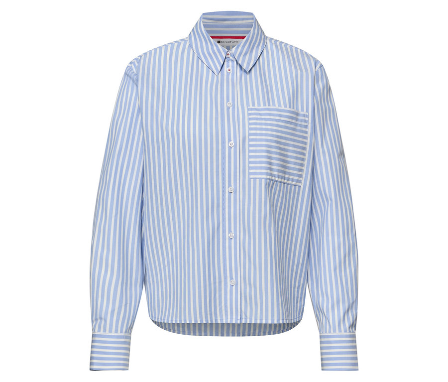 Die Street One Hemdbluse ist blau-weiß gestreift und hat eine Brusttasche.
