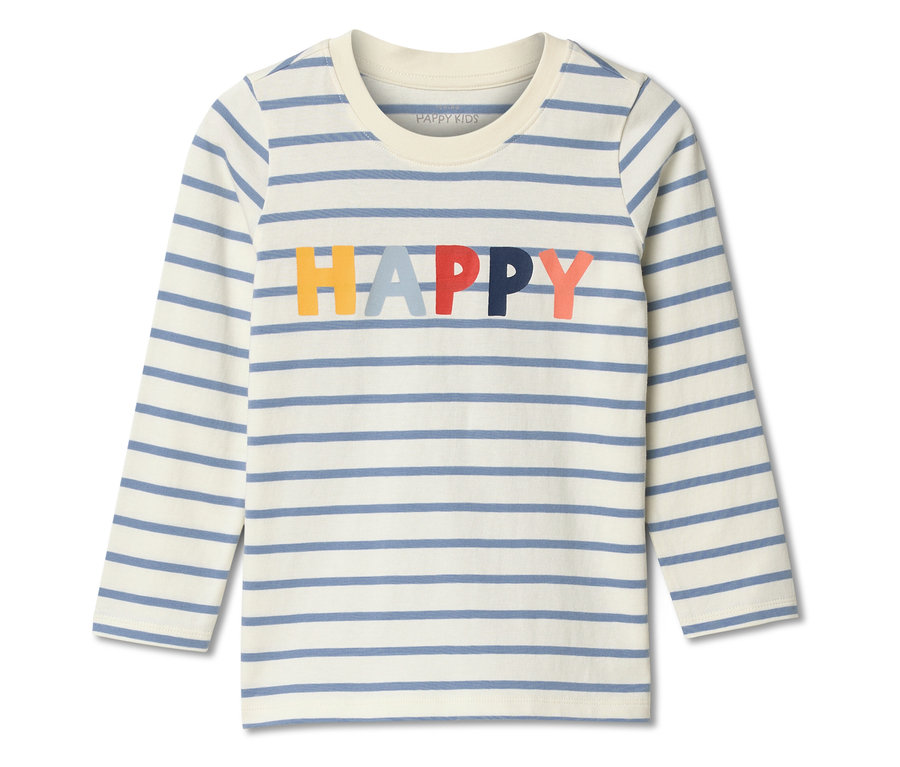 Gestreiftes langärmeliges Shirt mit dem Wort "HAPPY" in bunten Buchstaben.