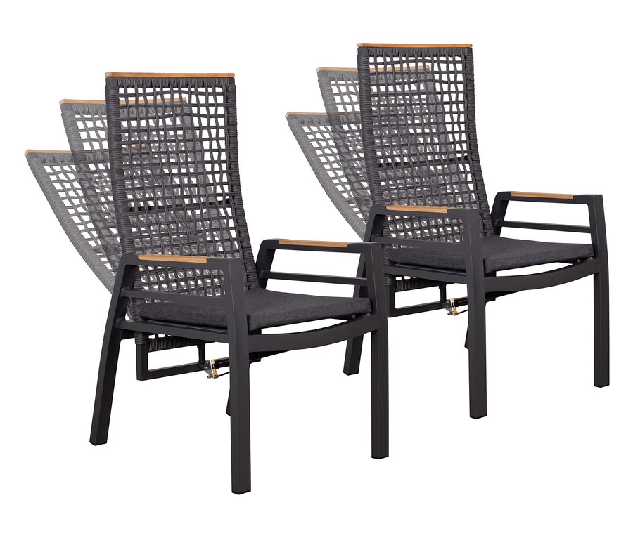 Zwei graue Gartenstühle mit Armlehnen und verstellbaren Rückenlehnen stehen auf weißem Grund.