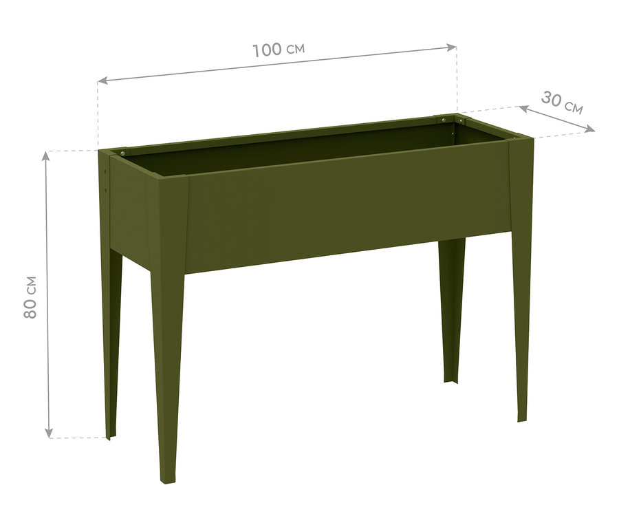 Ein grüner Pflanzkasten mit den Maßen 100 x 30 x 80 cm.