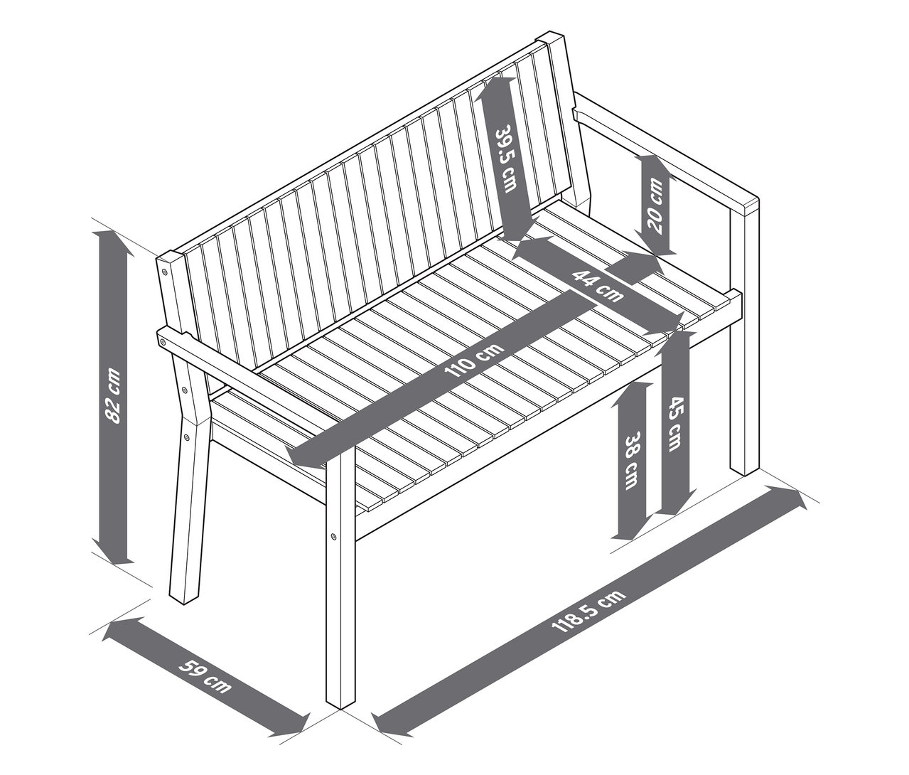 Abbildung einer Gartenbank, ca. 120 cm, mit Maßangaben.