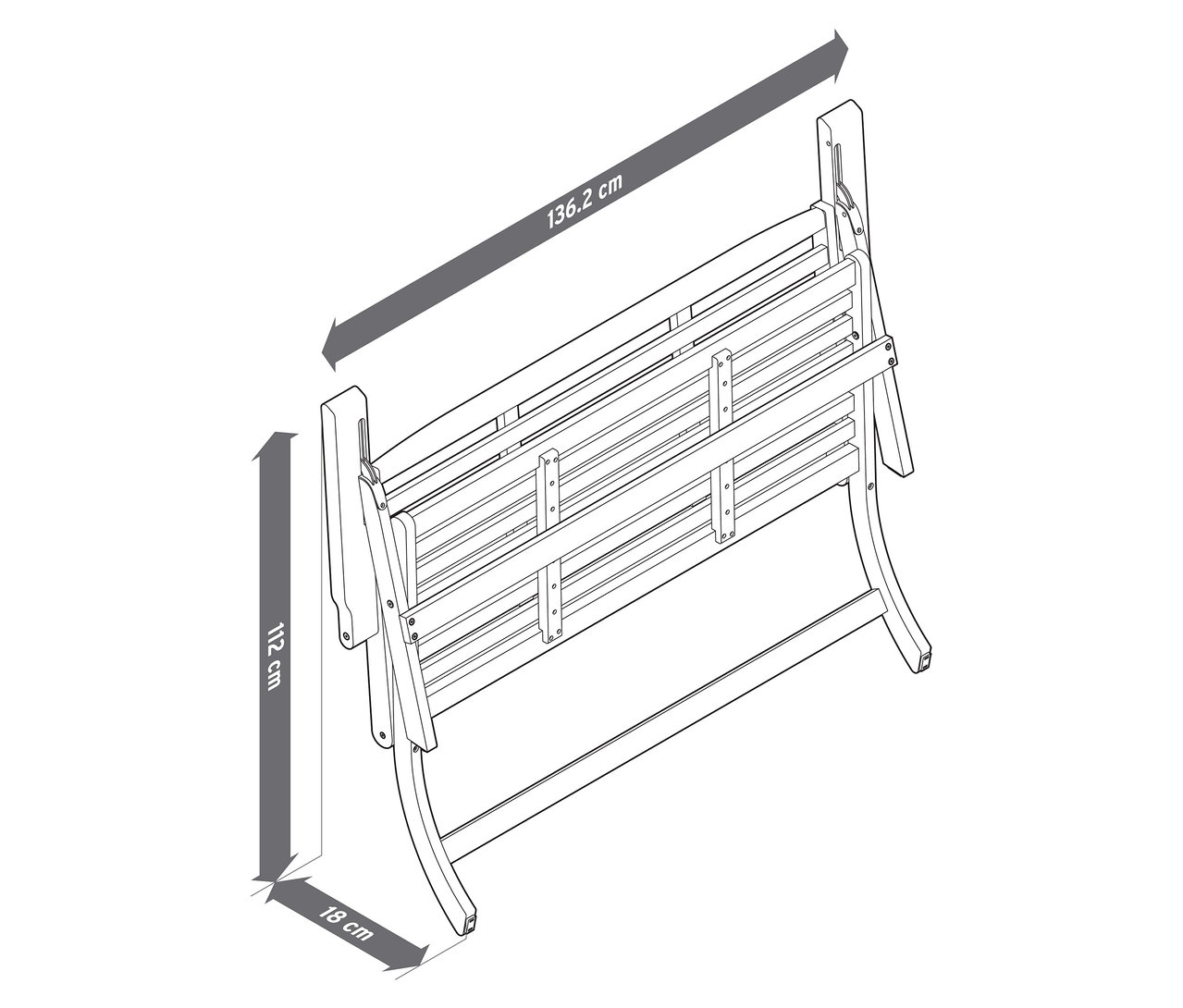 Illustration eines zusammenklappbaren Garten-Lounge-Sets mit Premium-Kissen, 4-teilig, mit Maßangaben.