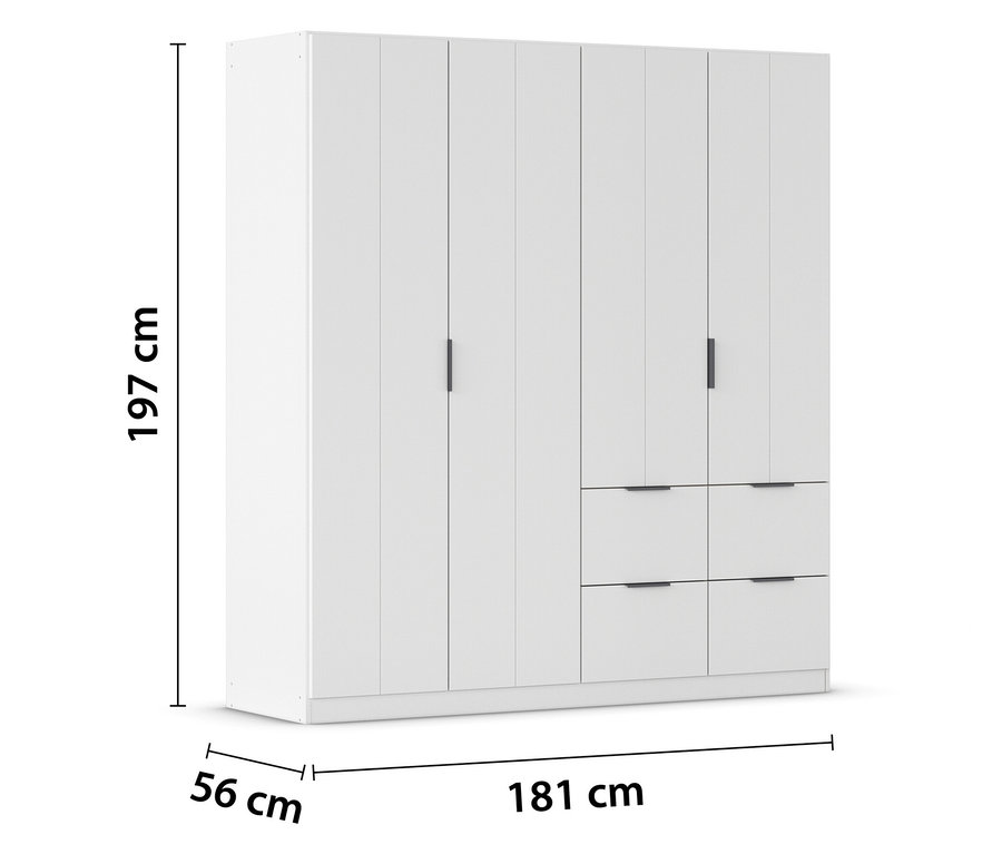 Weißer Kleiderschrank mit sechs Türen und drei Schubladen, Maße 197x181x56 cm.