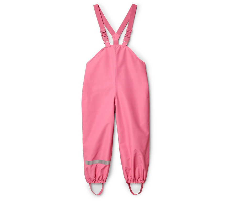 Pinke Regenhose mit verstellbaren Trägern und reflektierenden Streifen an den Beinenden.