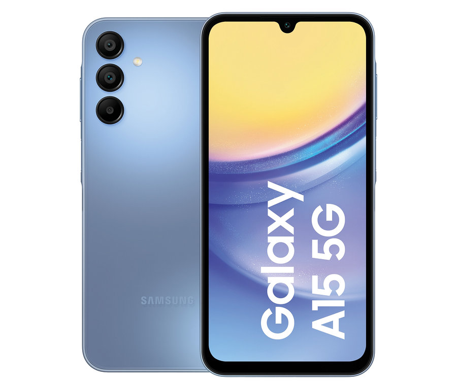 Blaues Samsung Galaxy A15 5G 128GB Smartphone, von vorne und von hinten gezeigt.