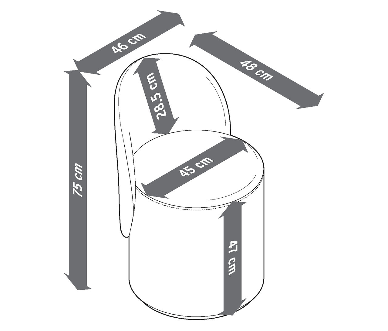 Abbildung eines Drehhockers mit Rückenlehne und Maßangaben.