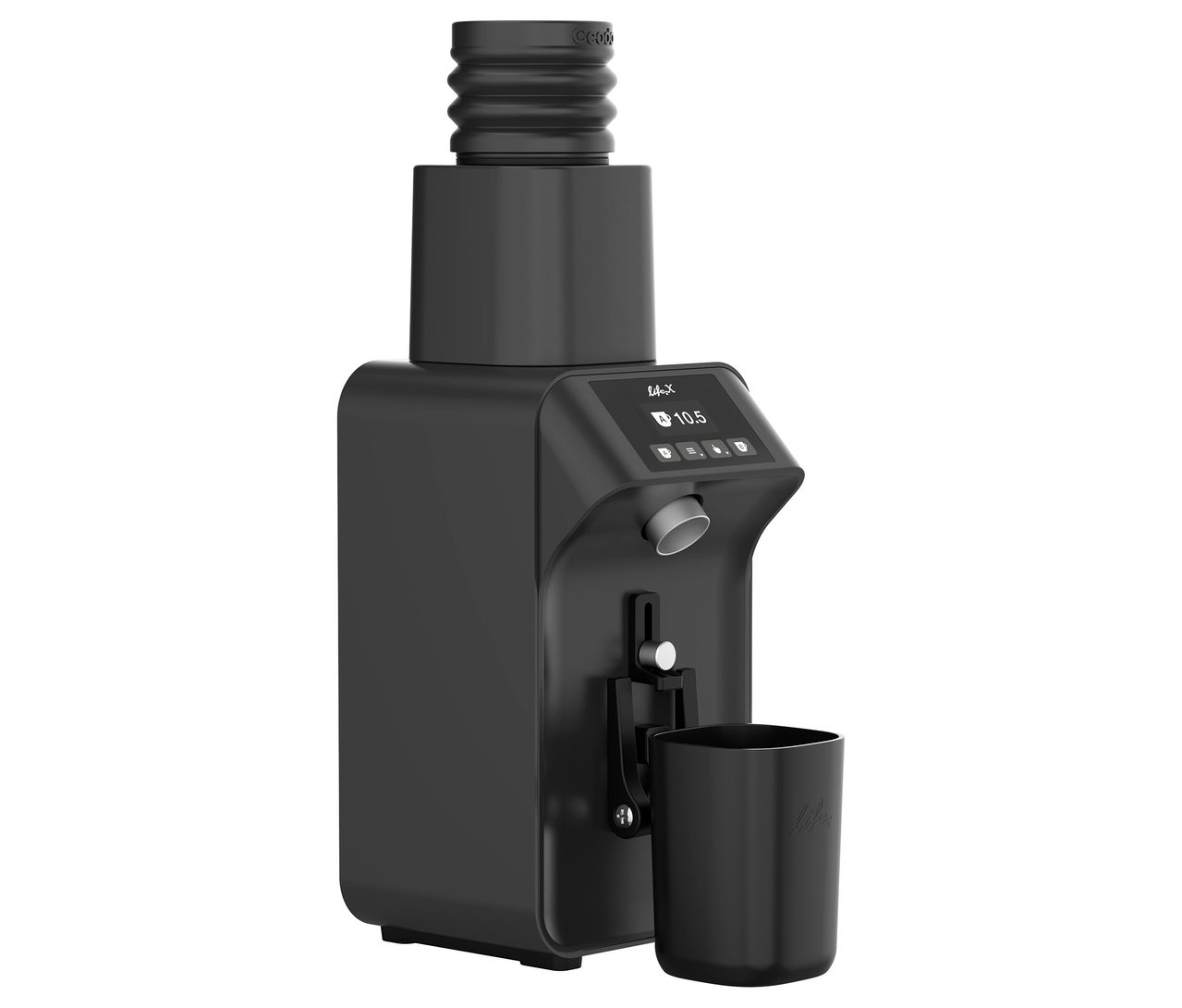 Schwarze Kaffeemühle mit digitalem Display und Becher.