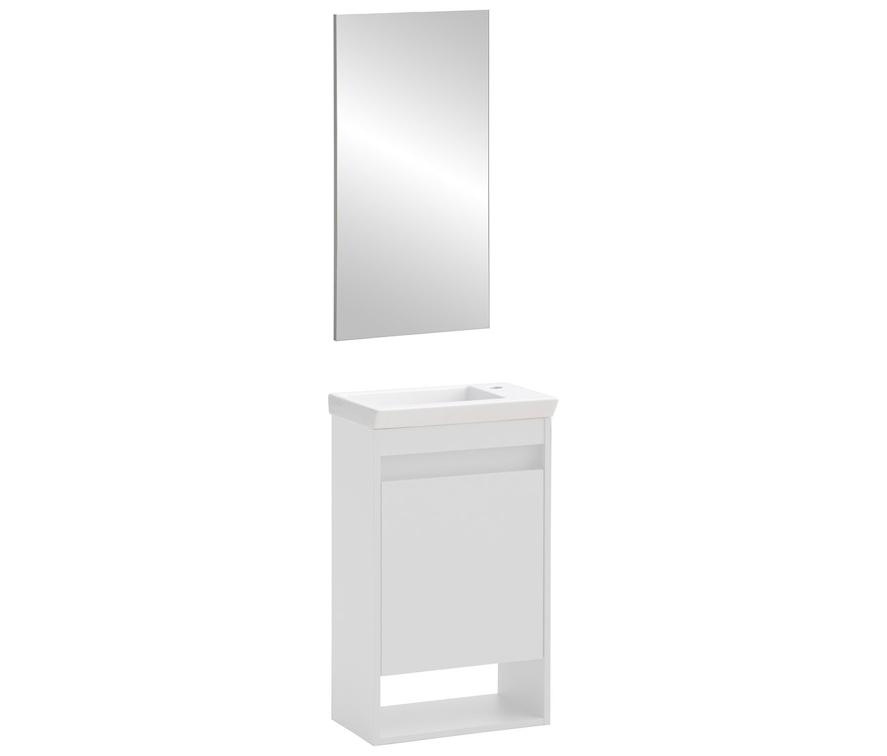Weißes Waschbecken mit Unterschrank und einem rechteckigen Spiegel darüber.