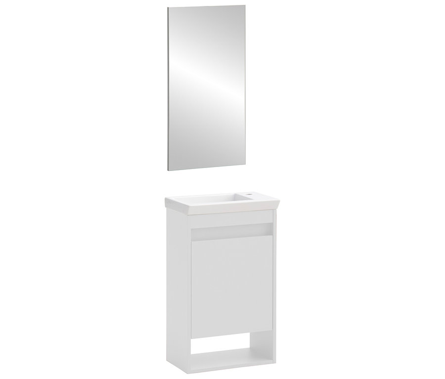 Weißes Waschbecken mit Unterschrank und einem rechteckigen Spiegel darüber.