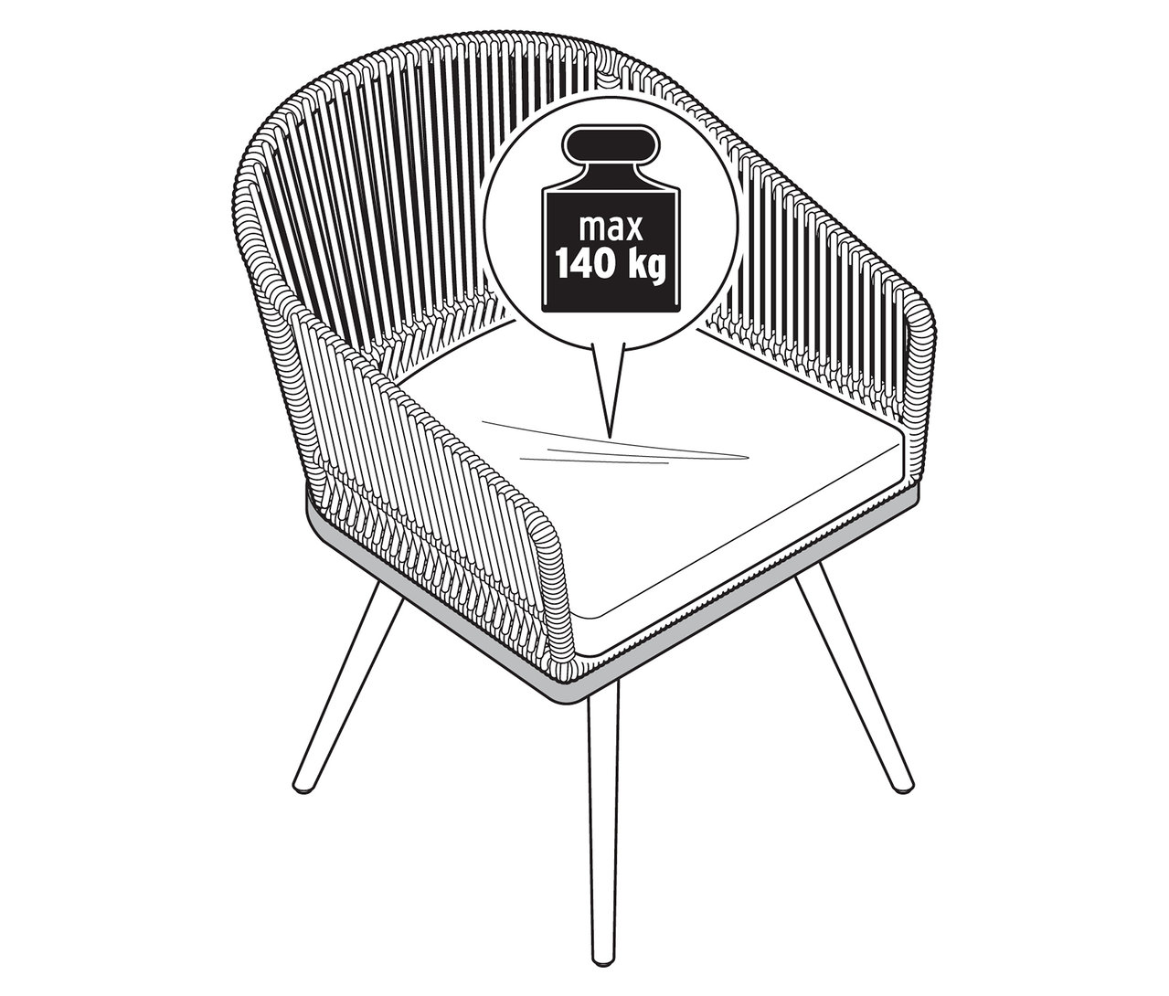 Abbildung eines drehbaren Gartenstuhls mit Textilgeflecht.