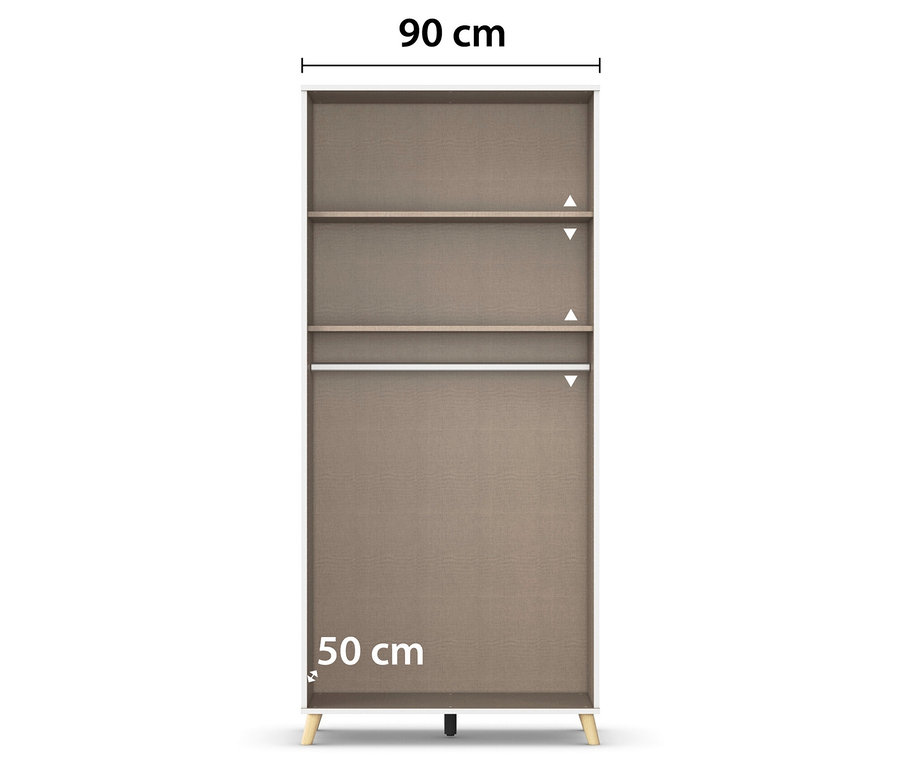 Schmaler, beiger Schrank mit drei Regalböden und den Maßen 90 x 50 cm.