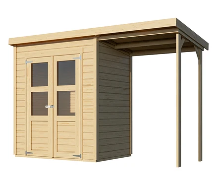 Holzgartenhaus mit Doppeltür und Überdachung.