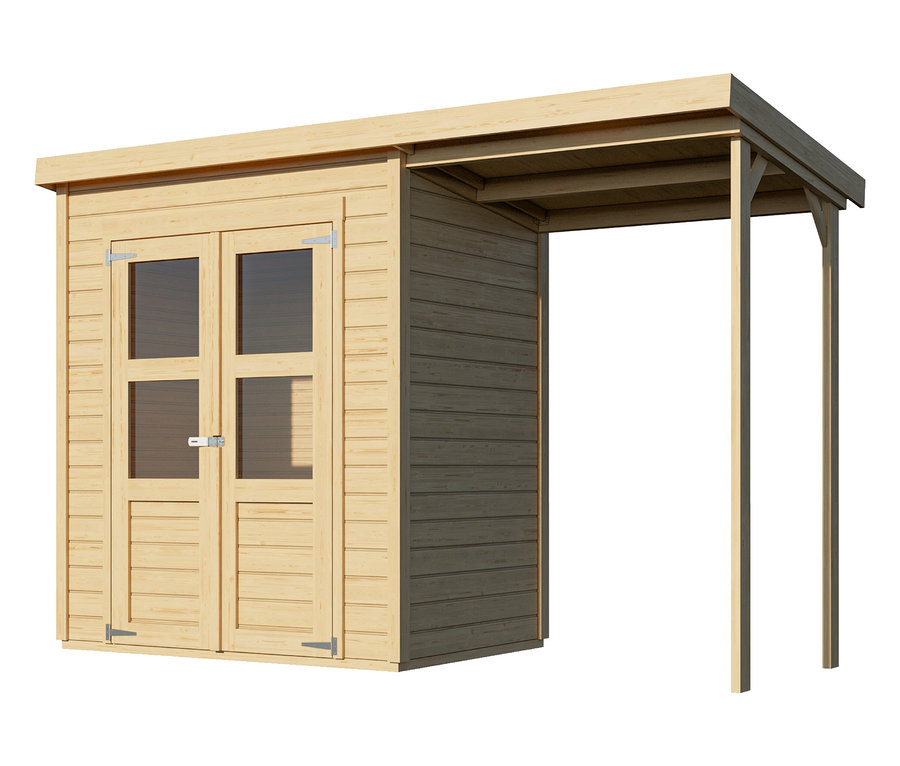 Holzgartenhaus mit Doppeltür und Überdachung.