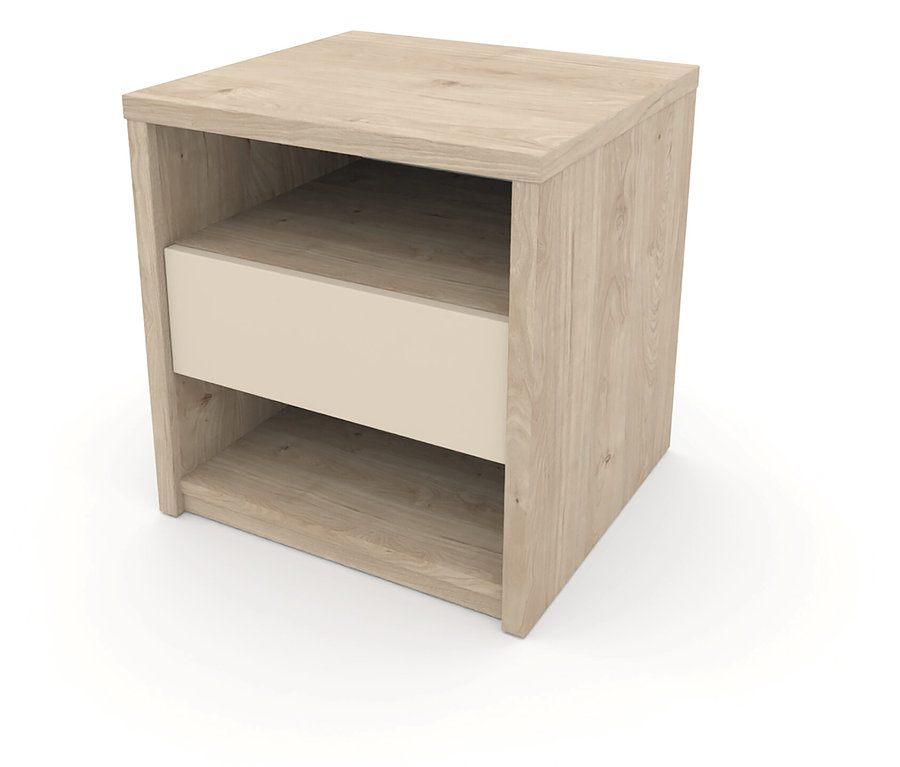 Der Roba Nachttisch »Louisa« in hellem Holz und mit einer Schublade in der Mitte steht vor einem weißen Hintergrund.