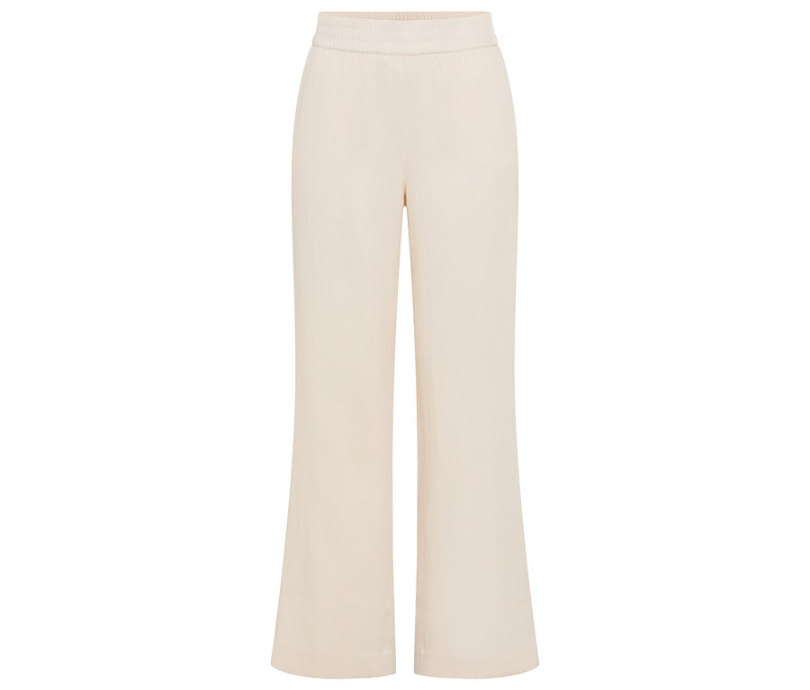 Beige, ausgestellte Hose mit elastischem Bund.