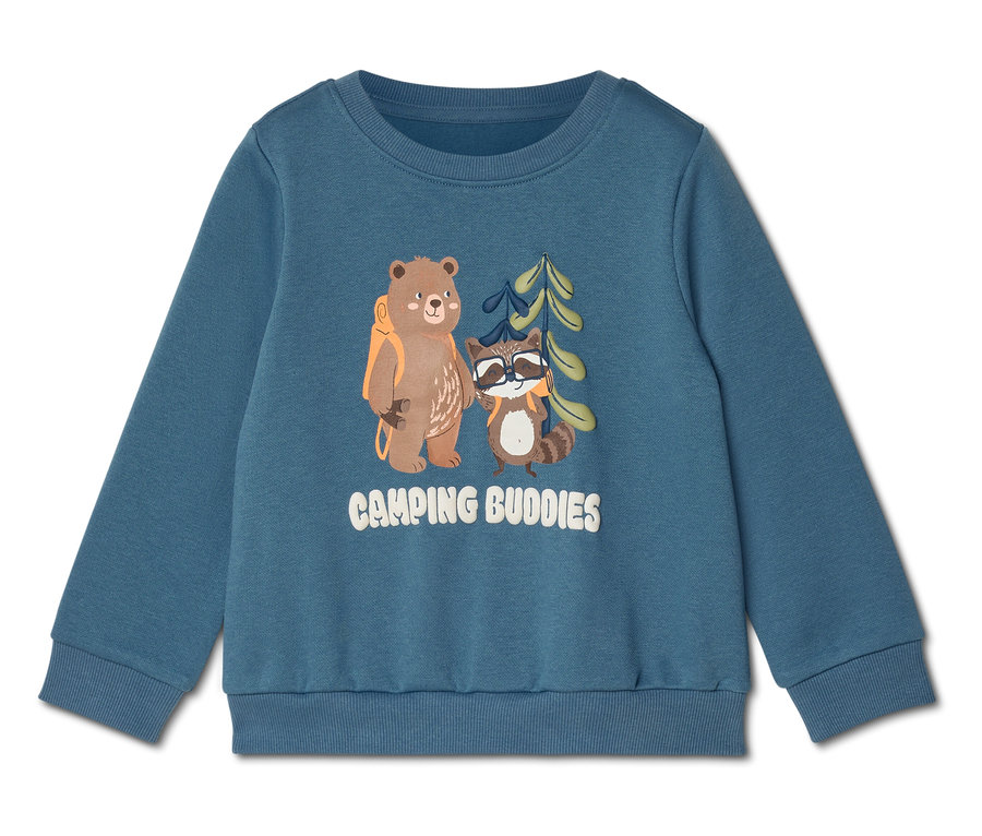Blauer Pullover mit Bär mit Rucksack, Waschbär mit Sonnenbrille und "Camping Buddies" Aufdruck.