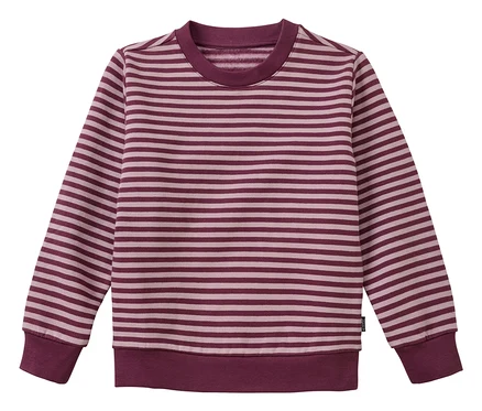 Burgunderrotes und hellrosa gestreiftes Langarmshirt mit Rundhalsausschnitt, gerippten Bündchen und Saum.