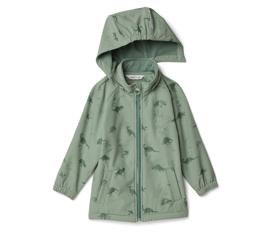 Grüne Kinder-Softshelljacke mit Kapuze und Dinosaurier-Muster, Frontreißverschluss und Taschen.