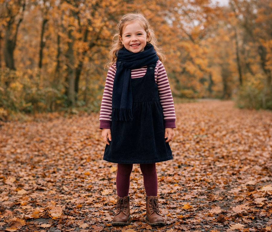 Ein lächelndes kleines Mädchen steht auf einem mit Herbstblättern bedeckten Weg und trägt ein gestreiftes Hemd, ein dunkelblaues Latzkleid, einen dunkelblauen Schal, bordeauxrote Strumpfhosen und braune Stiefel. Im Hintergrund sind verschwommene Herbstbäume zu sehen.