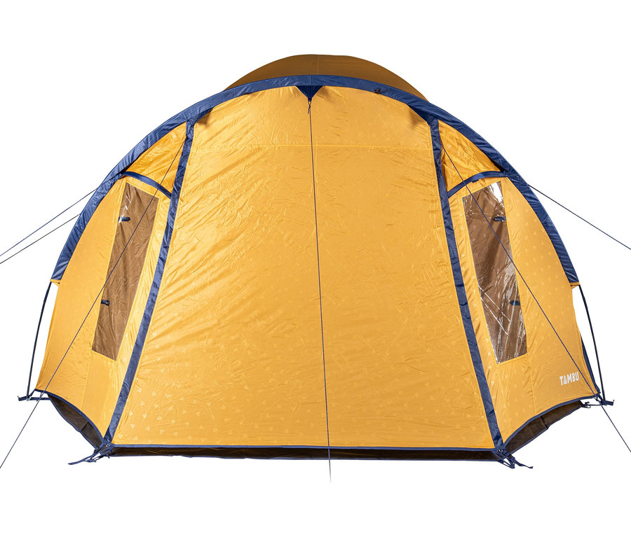 Gelbes Tambu »SETU 5« 5-Personen-Kuppelzelt mit blauen Akzenten und zwei Fenstern.