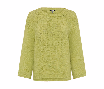 Hellgrüner, locker geschnittener Olsen Strickpullover mit Rundhalsausschnitt und langen Ärmeln, aus leicht flauschigem Garn.