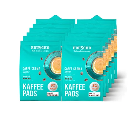 Stapel türkiser Packungen Eduscho Kaffeepads Caffè Crema.