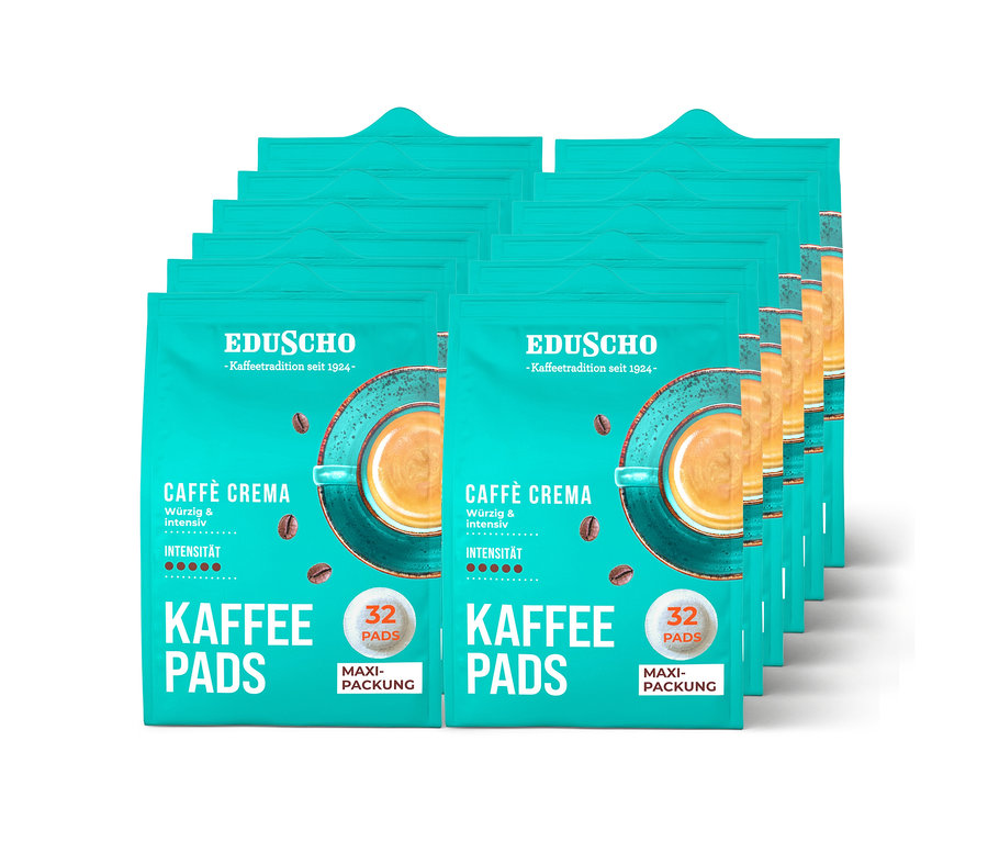 Stapel türkiser Packungen Eduscho Kaffeepads Caffè Crema.