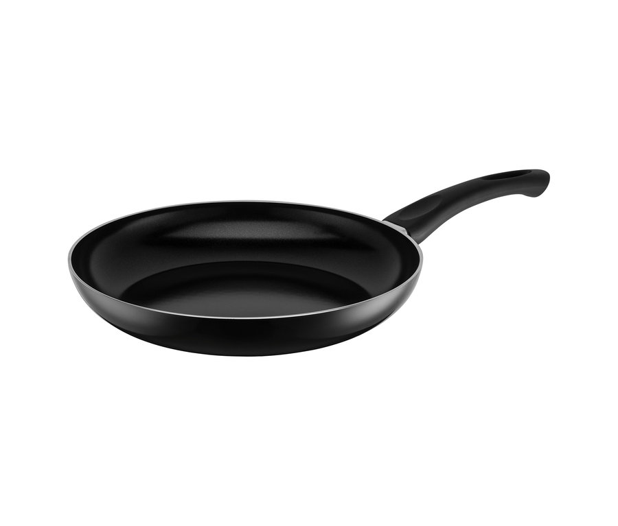 Schwarze Bratpfanne aus dem Mäser Ezaki Pfannen-Set, mit silberfarbenem Rand und schwarzem Griff.
