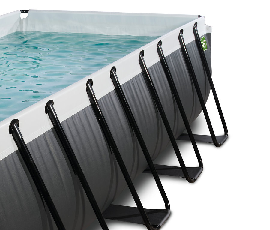EXIT Pool-Set in Lederoptik, 400 x 200 cm, mit grauem Äußeren und weißem Rand, gefüllt mit blauem Wasser.
