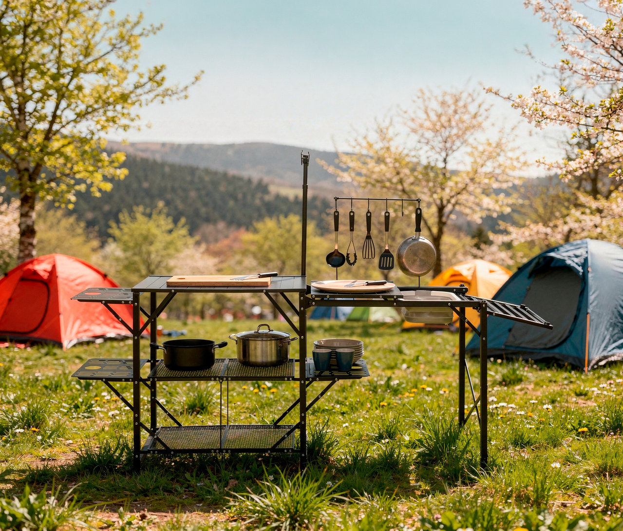 Faltbare Campingküche »Elmwood« mit Töpfen, Geschirr und Utensilien auf einer Wiese mit Zelten und blühenden Bäumen im Hintergrund.