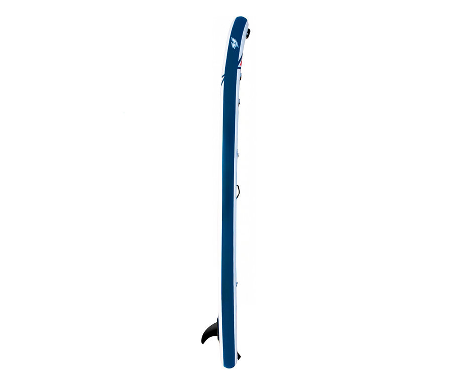 Blau-weißes F2 SUP Board »Ocean ltd« von der Seite, aufrecht stehend, mit einer schwarzen Finne am unteren Ende.