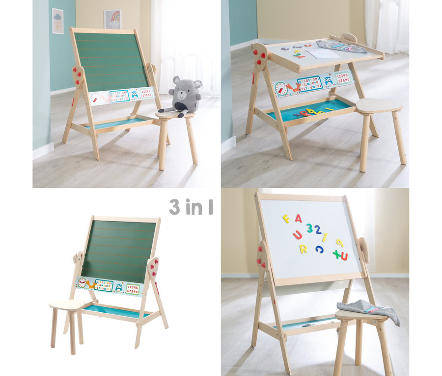 Ein 3-in-1 Kinder-Staffelei- und Schreibtisch-Set aus Holz, in vier Ansichten gezeigt. Es verfügt über eine grüne Kreidetafel, eine weiße Magnettafel mit bunten Buchstaben und lässt sich in einen Schreibtisch mit Ablagefach umwandeln. Ein kleiner Holzschemel ist dabei.