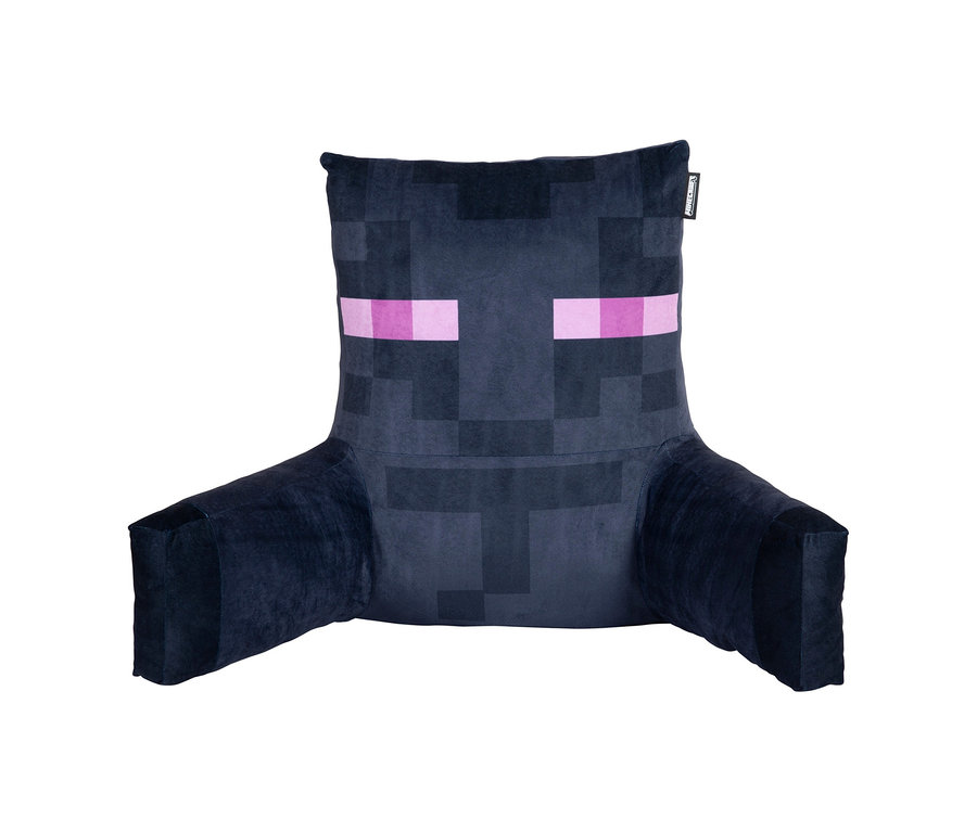 Dunkelgraues Rückenstützkissen mit Armlehnen, gestaltet als pixeliges Minecraft Enderman-Gesicht mit leuchtend rosa Augen.