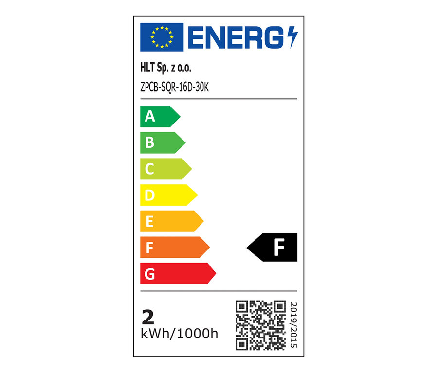 Energielabel für HLT Sp. z o.o., Modell ZPCB-SQR-16D-30K, mit Energieeffizienzklasse F auf einer Skala von A bis G. Der Verbrauch beträgt 2 kWh pro 1000 Stunden.