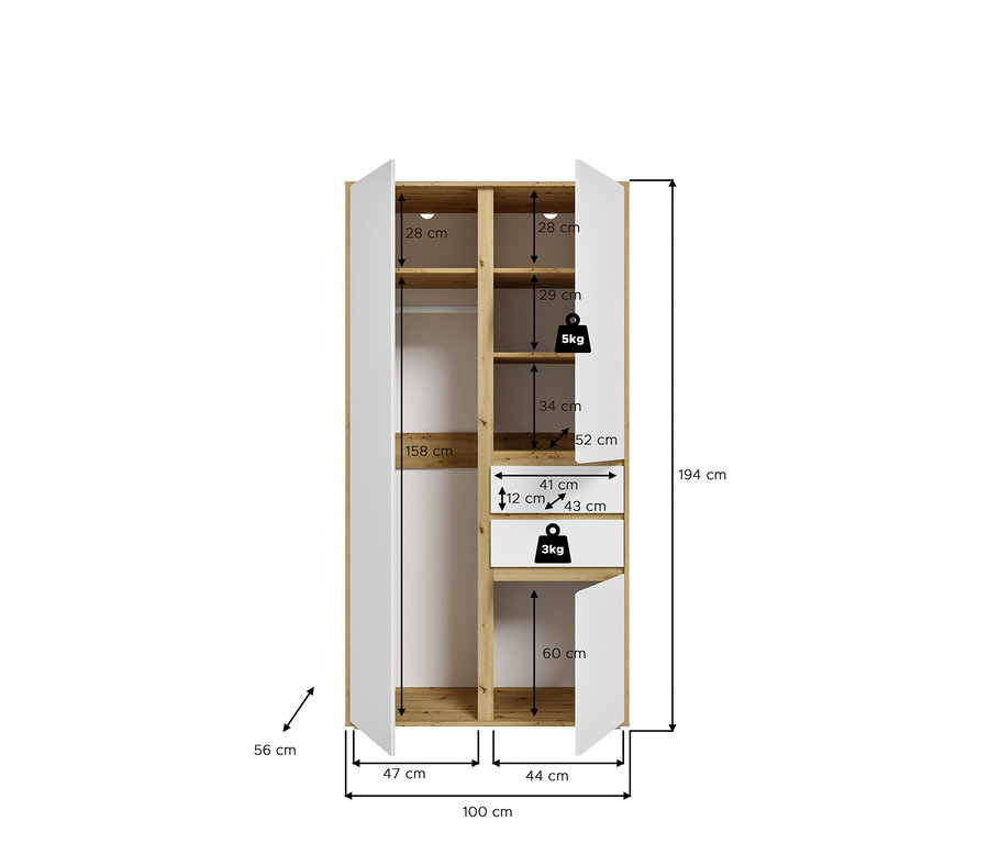 Zweitüriger Kleiderschrank mit weißen Türen und hellem Holzinterieur. Linke Seite mit 158 cm Kleiderstange. Rechte Seite mit Regalböden (oberer 5kg), 12 cm hoher Schublade (3kg) und 60 cm Fach. Gesamt: 194x100x56 cm.
