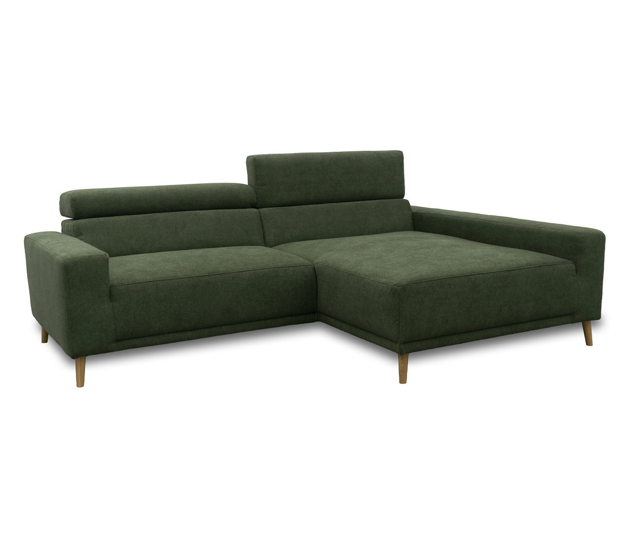 Grünes DOMO Sofa „Malmö“ mit Longchair rechts, verstellbaren Kopfstützen und Holzfüßen.