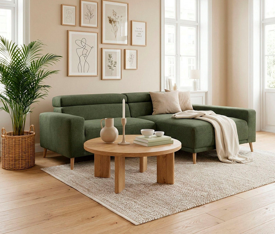 Ein gemütliches Wohnzimmer mit einem grünen L-förmigen Sofa, beigen Kissen und einer Decke. Davor steht ein runder Holztisch mit einer Kerze, einer Vase, Schalen und Büchern. Links daneben befindet sich eine Topfpflanze in einem Korb. An der hellbeigen Wand hängen gerahmte botanische und abstrakte Bilder. Der Holzboden ist teilweise mit einem beigen Teppich bedeckt.