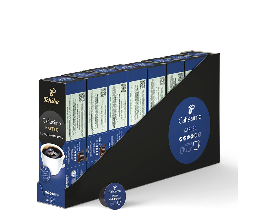 Eine Packung Cafissimo Kaffee kräftig - 80 Kapseln in einer Halterung.
