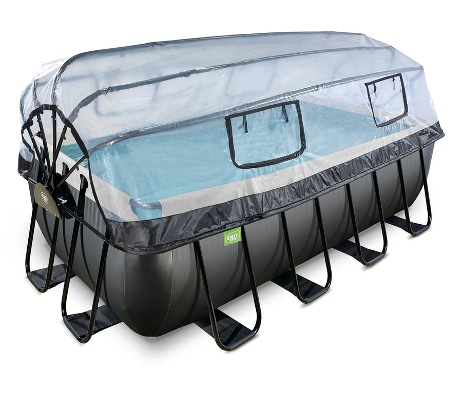 Ein rechteckiges EXIT Pool-Set in Lederoptik, 400 x 200 cm, mit hellblauem Innenbereich und einer transparenten, gewölbten Abdeckung mit zwei Fenstern.