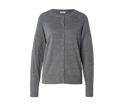 Graue Rundhals-Strickjacke mit langen Ärmeln, Knopfleiste und gerippten Bündchen und Saum.
