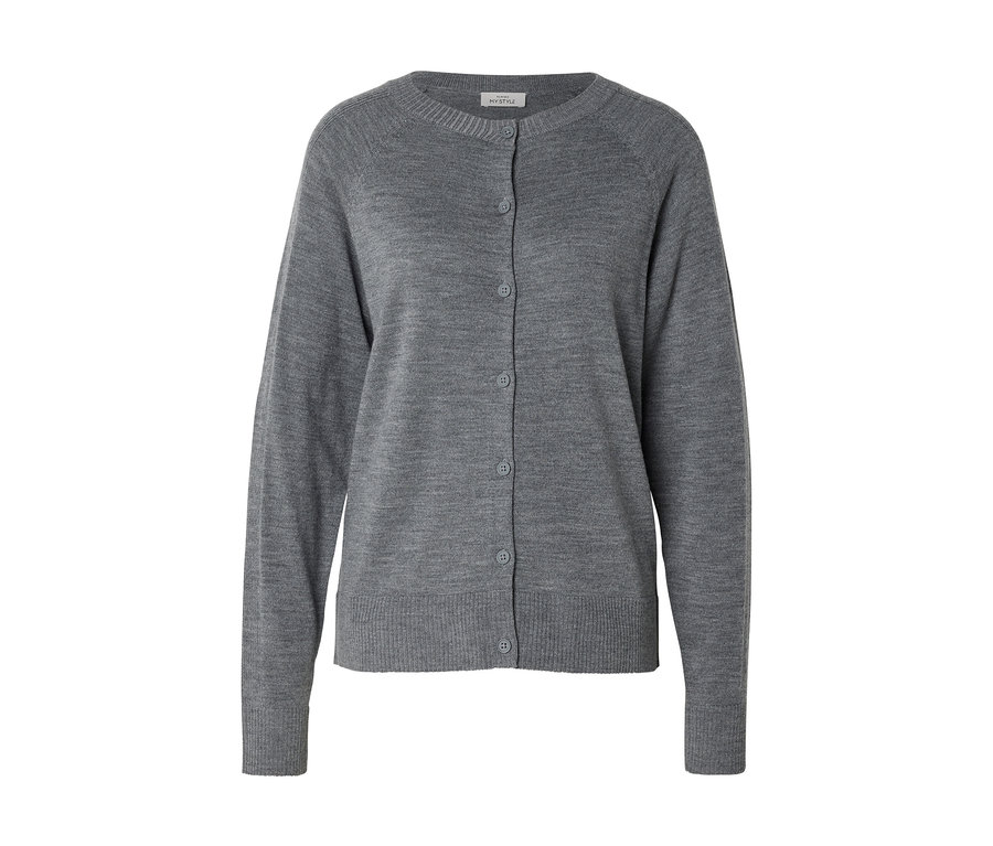 Graue Rundhals-Strickjacke mit langen Ärmeln, Knopfleiste und gerippten Bündchen und Saum.