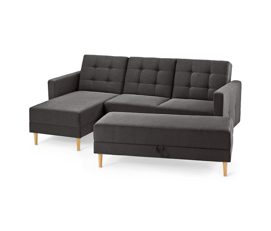 Dunkelgraues Federkern-Eckschlafsofa »Just Relax« mit Stauraumbank, linksseitiger Recamiere und Holzfüßen.