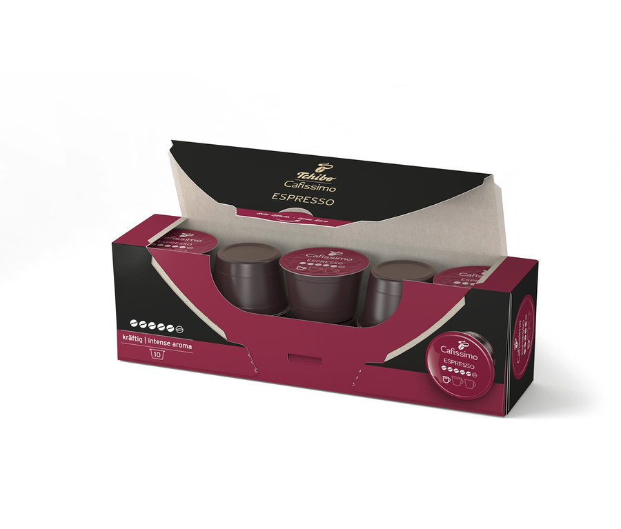 Geöffnete Packung Cafissimo Espresso Kapseln. In der Packung sind mehrere Kapseln sichtbar.