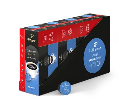 Ein Display zeigt fünf Packungen Cafissimo Kaffee mild - 120 Kapseln. Eine Kapsel liegt davor.