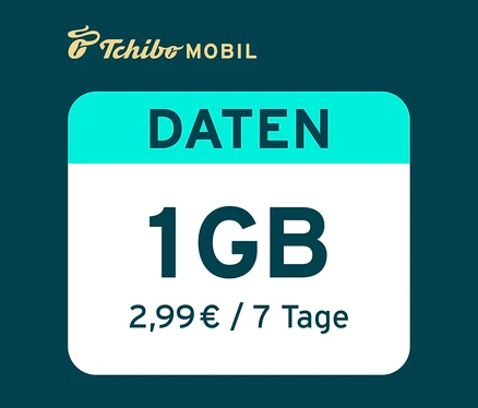 Tchibo Mobil Werbung für die Datenoption 7 Tage 1 GB für 2,99€ auf türkis-weißem Hintergrund.