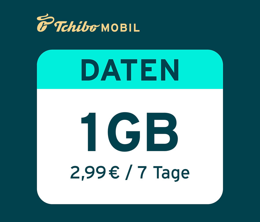Tchibo Mobil Werbung für die Datenoption 7 Tage 1 GB für 2,99€ auf türkis-weißem Hintergrund.