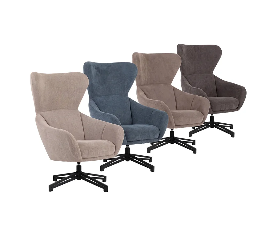 Vier DeVries Relaxsessel Marconia in Beige, Blau, Braun und Grau, jeweils mit schwarzem Sternfuß, diagonal angeordnet.